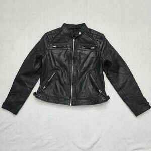 Women’s NWT Black Real‎ Leather Moto Jacket Biker Jacket Zip Pockets (READ/LOOK)